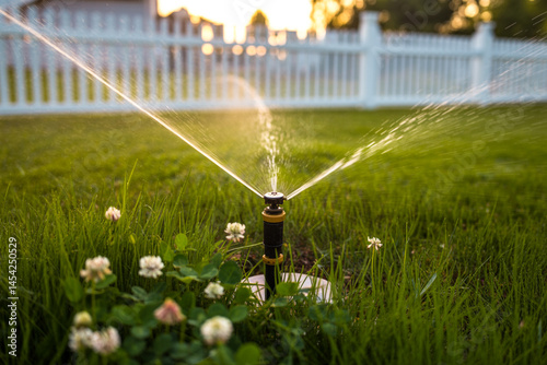 Rotating Sprinkler Watering Lush Green Lawn With White Clover And Fenced Backyard