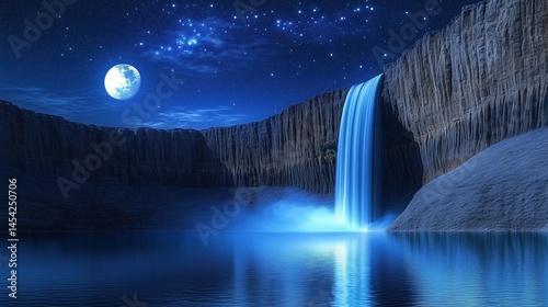 Fototapeta Naklejka Na Ścianę i Meble -  Night Waterfall under a Full Moon