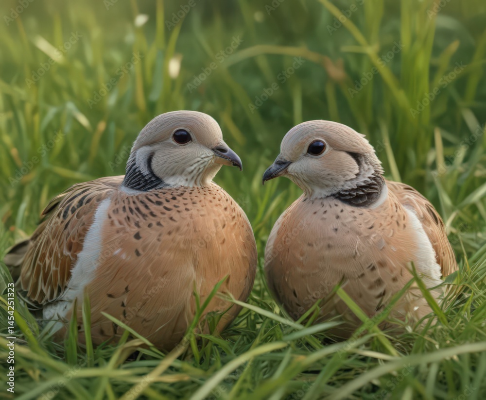 Obraz premium Intimate close-up of two European turtle doves amid blades of grass , beak, wings, turtle dove