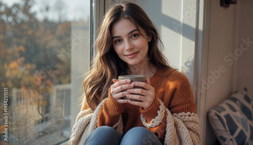 A young woman in a burnt-orange sweater holds a ceramic mug while sitting on a windowsill wrapped in a knitted blanket, with soft morning sunlight and blurred autumn leaves outside.