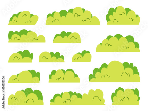 Cartoon Style Hand Drawn Bushes Foliage. A playful collection of 15 cartoon style bushes featuring layered leaves curves soft shapes and more. Perfect for scenes nature decor and whimsical backgrounds
