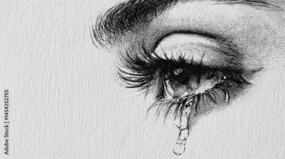 Obraz premium A black and white drawing of the side profile of a face with long eyelashes and a tear falling from the eye