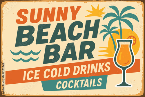 Retro tropical beach bar poster with palm trees and cocktail – summer vacation vector signboard design