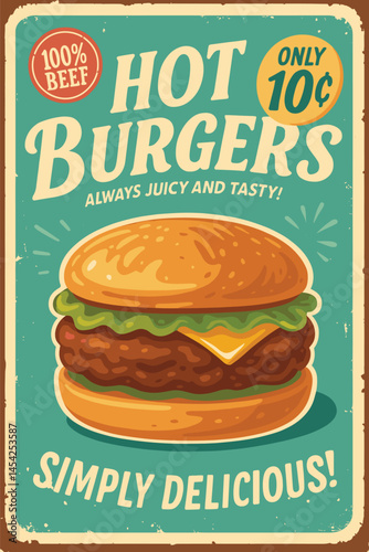 Vintage fast food burger sign with classic hamburger illustration on retro metal background for diner and restaurant