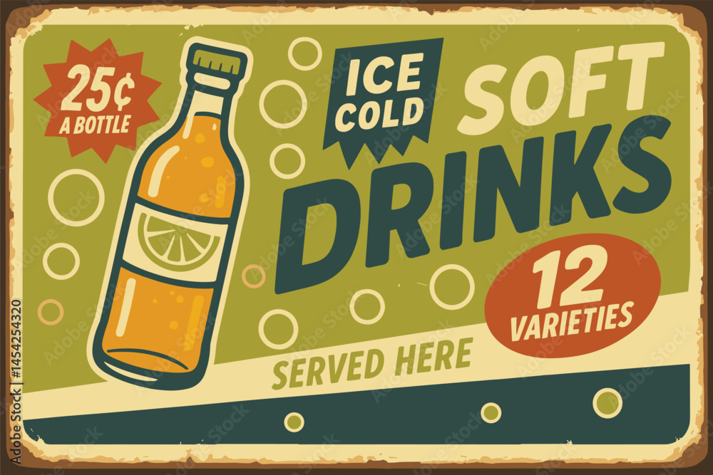 Ice Cold Soft Drinks Retro Sign – Vintage Summer Beverage Poster with Orange Juice and Fizzy Drink Illustration