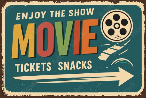 Vintage Movie Signboard – Colorful Text & Film Roll On Black Background, Vector Illustration