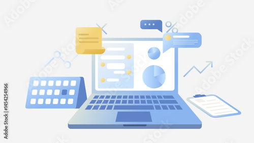 Concept of monitoring profitable investment on a laptop with a graph. Gradient vector illustration