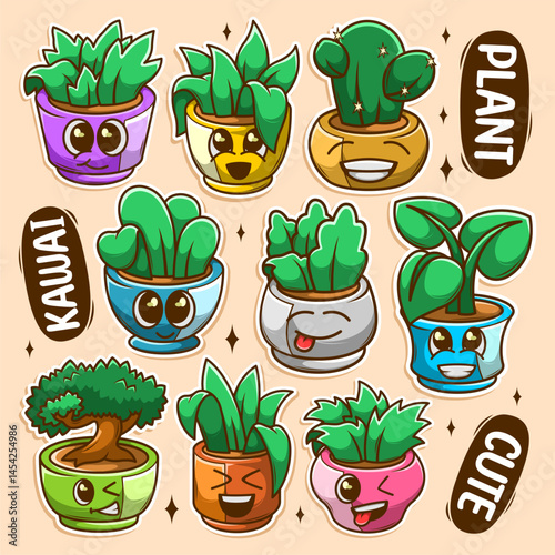 cute character green plants in pots collection set