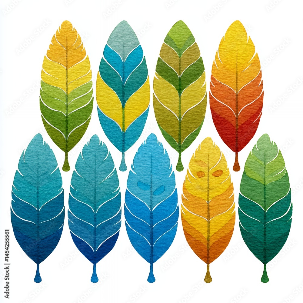 Fototapeta premium Ten Stylized Autumn Leaves in Gradient Colors on White Background