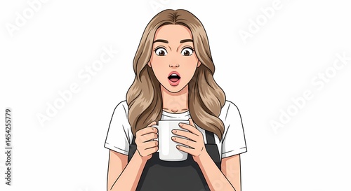 Animated girl in apron displaying surprised expression while holding a white mug with cartoonish outlined design on a white background art