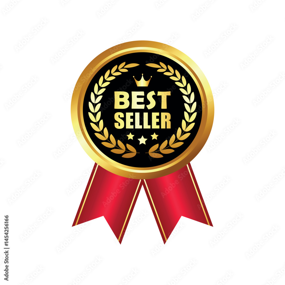 Fototapeta premium Golden best seller label with wreath laurel and red ribbon. Used for business purpose