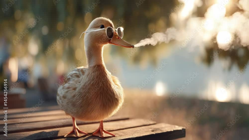 Duck is smoking a cigarette and wearing glasses. The scene is set in a park with a bench and a pond