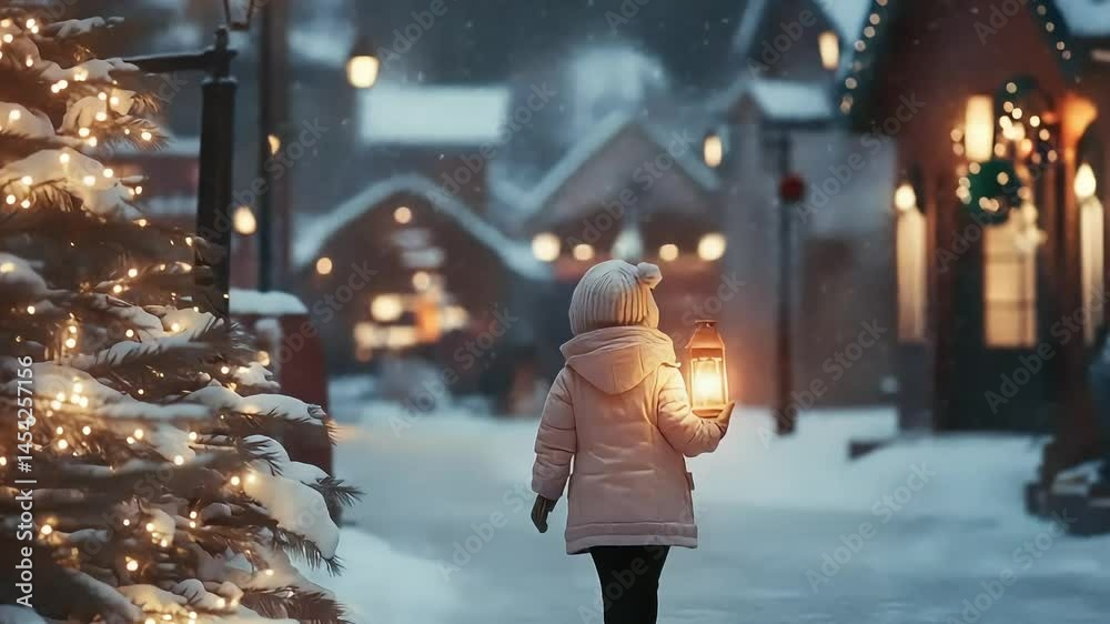 A child in a cozy winter setting walks with a lantern down a snowy street adorned with lights