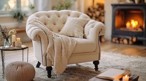 Cozy armchair by fireplace