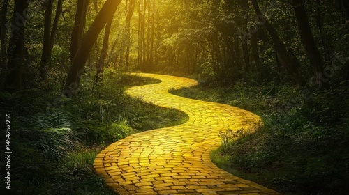 Winding yellow brick road through a lush green forest, bathed in sunlight.