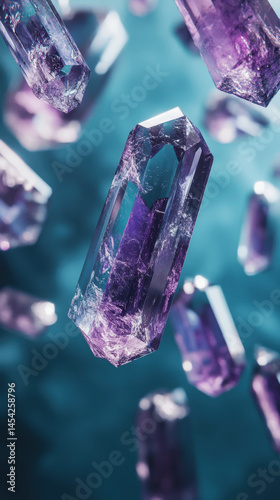 Shimmering amethyst crystals floating against a dynamic backdrop displaying shades of blue and purple