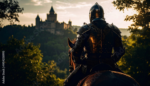 Armored knight riding a horse and looking toward a distant medieval castle surrounded by forest at sunset
