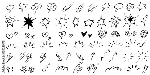 hand drawn icons set -Line speed cartoon effect, boom explosive motion line element set. Comic boom burst, explosive smoke, line speed cartoon vector icon. Hand drawn sketch doodle action effect. 