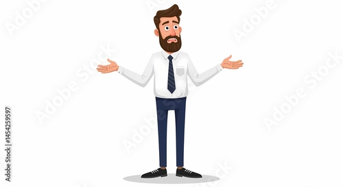 Illustration of a bewildered businessman shrugging his shoulders in confusion with an expression of uncertainty and uncertainty on his face, isolated on white