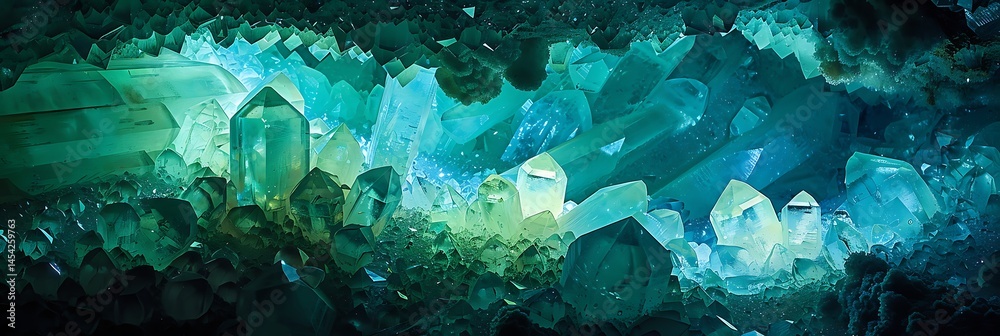 Obraz premium Luminous cluster of blue and green crystals glowing within a dark cave. Magical, fantasy, or geological treasure concept. Imaginative design.