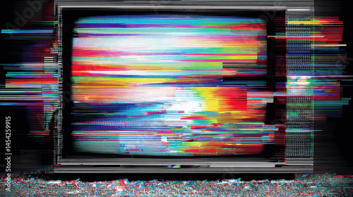 Glitch art in vibrant colors displayed on a vintage television set in a creative workspace