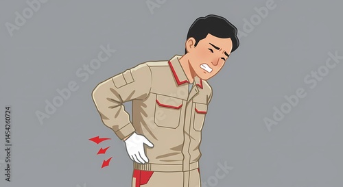Illustration depicting an asian worker experiencing intense lower back pain from heavy lifting or ergonomic issues during work at an industry facility