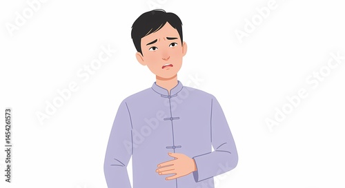 Illustration depicting a worried young man experiencing stomach pain, wearing traditional attire against a clean background, symbolizing digestive distress