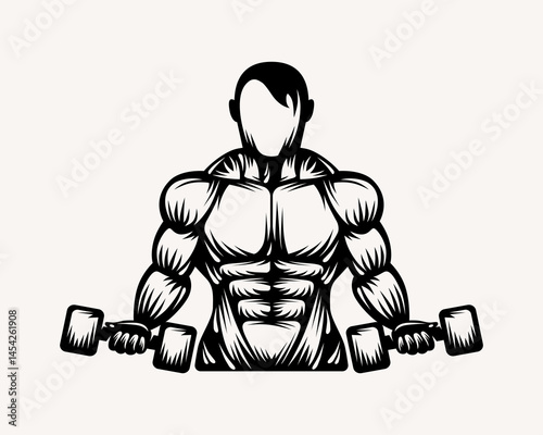 Waist up silhouette stylized muscles bodybuilder with dumbbells. Graphic design for t-shirt and emblem. Black print on white background