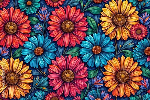 Intricate line art floral pattern, vibrant colors, seamless repeat , vibrant, botanical, bloom