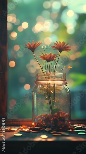 Orange daisies in a clear glass jar sit on a windowsill, bathed in soft bokeh background light