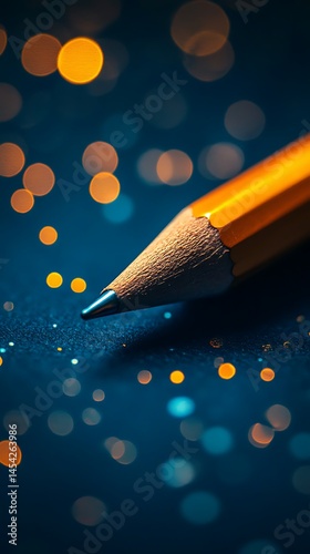 Sharp pencil, close-up on nib. Bokeh background of orange and blue dots. Focused, detailed, creative