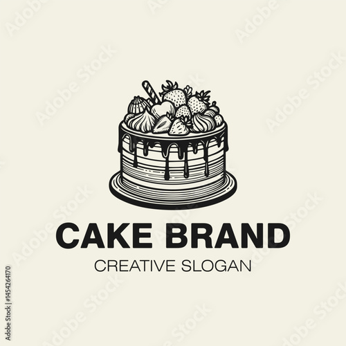 Cake, minimalistic cake shop logo, monochrome vector illustration isolated on light background.