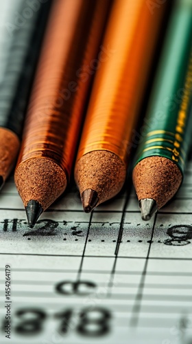 Close-up of assorted pencils on grid paper