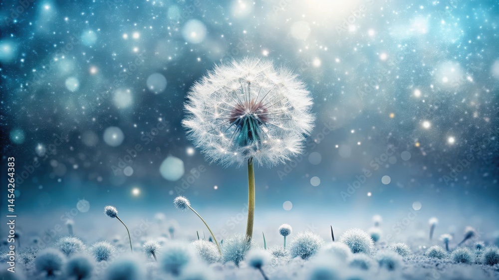 A delicate dandelion flower blooms amidst a flurry of snowflakes gently falling on a winter landscape , peaceful