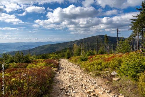 Mountainous landscape under a sky with clouds on a spring day with a road in the middle photo