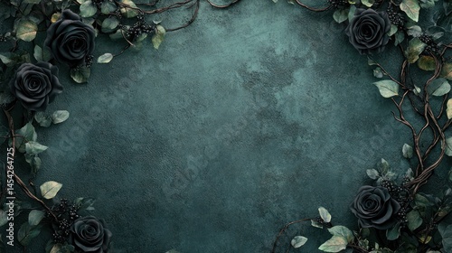 Fototapeta Naklejka Na Ścianę i Meble -  Dark teal textured background with black roses and vines creating a circular frame.