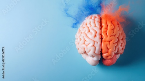 Brain divided into two contrasting colors, surrounded by swirling colored smoke