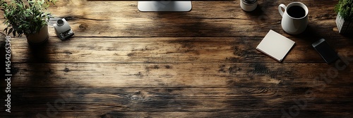 A top-down view of a wooden desk with a monitor, coffee mug, notepads, and plants. Natural light creates shadows