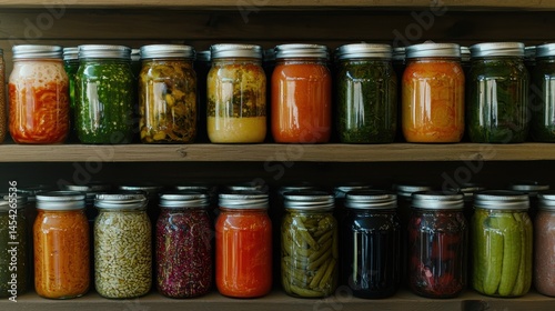 Jars of assorted preserved vegetables and foods neatly arranged on wooden shelves.