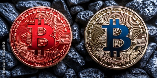 Two Bitcoin coins, one red and one gold, on dark stones