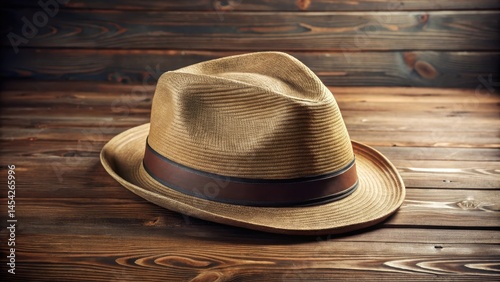 Detailed description of a fedora hat on a wooden table, wood, study