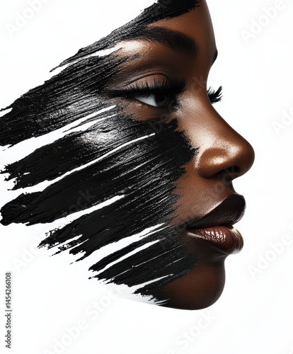 Artistic portrait blending beauty with abstract paint strokes capturing a woman’s profile against a white background
