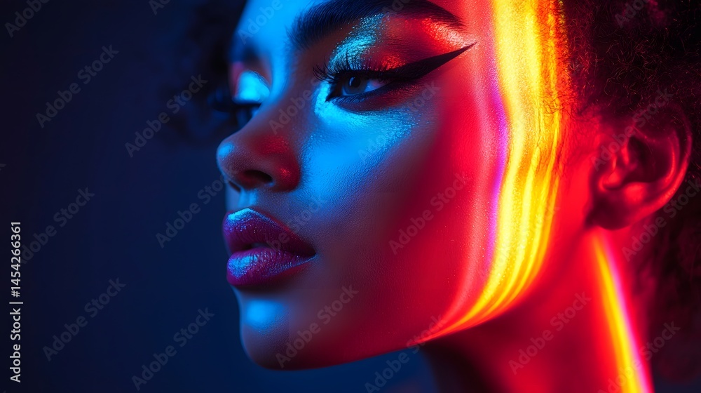 Dramatic close up of a face with metallic makeup and glowing colored lights Dramatic close up of a face with metallic makeup and glowing colored lights