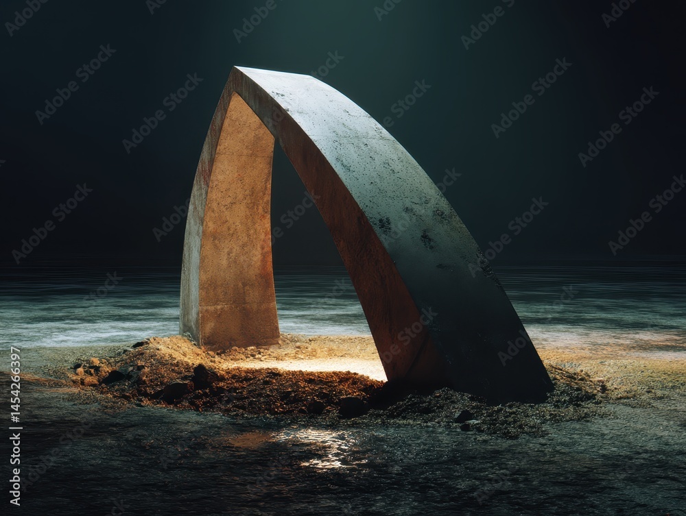 Fototapeta premium Monolithic arch on a shore. Abstract, mysterious mood. Dark water & night sky contrast with the illuminated underside of the structure.