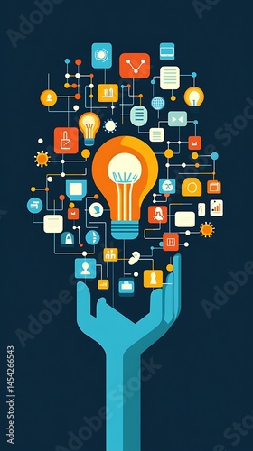 Abstract image of hand holding light bulb and connected icons, conveying ideas and innovation