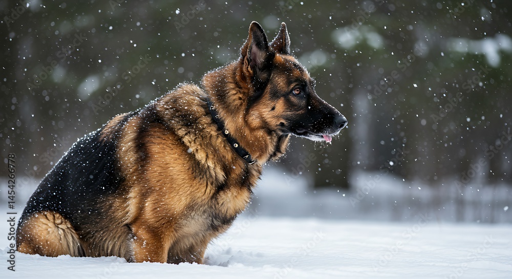 German Shepherd stands majestically in snowy landscape German Shepherd stands majestically in snowy landscape