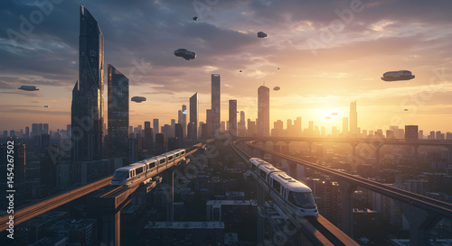 Futuristic Cityscape with Floating Transport and Sunrise Glow