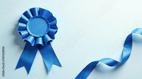 A single blue rosette ribbon award with a blank center, perfect for adding your own message or design, sits on a light blue background, accompanied by a gracefully curved ribbon.