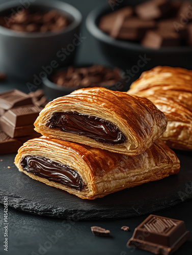 Freshly baked chocolate croissants on a slate plate with chocolate pieces in background