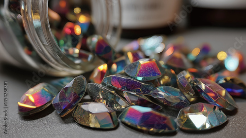Colorful gemstones scattered around a glass jar in an artistic display on a dark surface